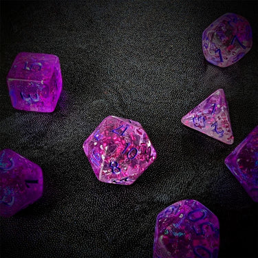 Glitter in Clear Pink Acrylic - 7pcs RPG Full Dice Set Scatter